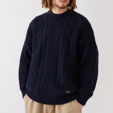 画像1: FISHARAN Crewneck Fisherman Knit NVY クルーネック 3ゲージ ウールヤーン フィッシャーマン ニット (1)