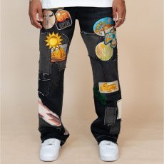 画像3: Patchwork Wappen Flare Denim Pants BLK パッチワーク ジーンズ ワッペン カスタム デニム フレア パンツ (3)