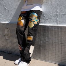 画像1: Patchwork Wappen Flare Denim Pants BLK パッチワーク ジーンズ ワッペン カスタム デニム フレア パンツ (1)