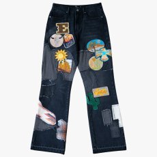 画像2: Patchwork Wappen Flare Denim Pants BLK パッチワーク ジーンズ ワッペン カスタム デニム フレア パンツ (2)