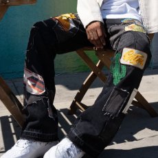 画像10: Patchwork Wappen Flare Denim Pants BLK パッチワーク ジーンズ ワッペン カスタム デニム フレア パンツ (10)